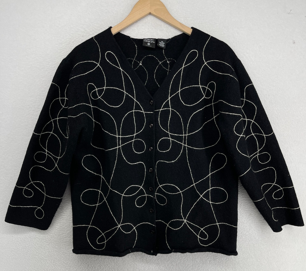 NORDIC DESIGN Cardigan Womens L Felted Wool Embroidered Button Up Black